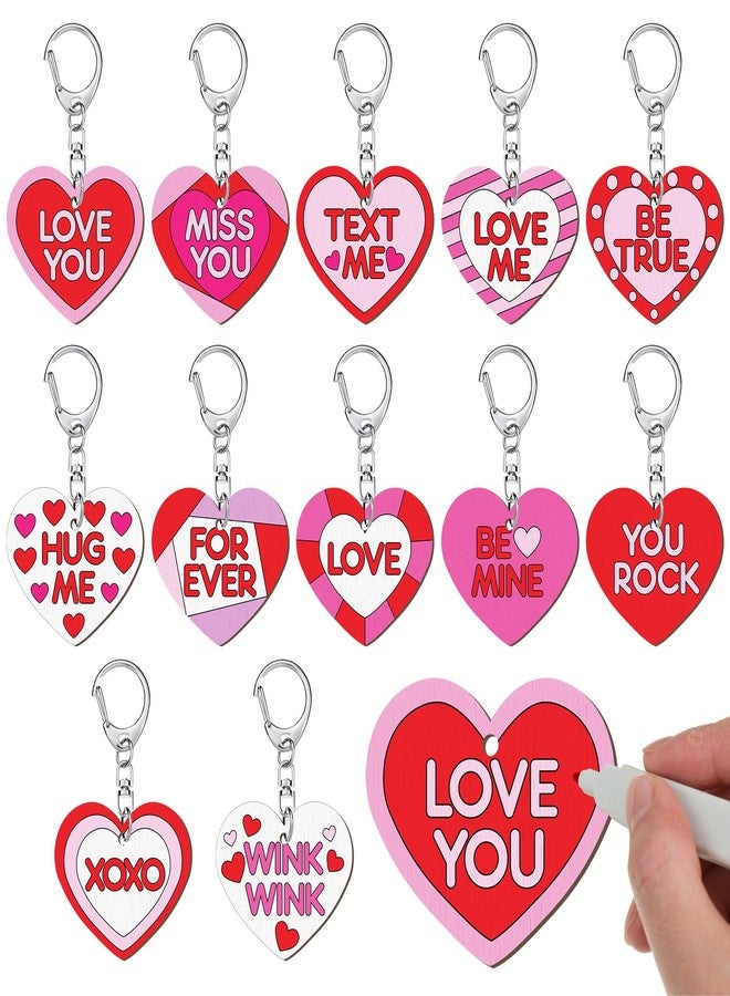 Memorywuu 24 Pcs Valentine Craft Conversation Keychains Gift Heart Color Your Own Keychains Bulk DIY Blank Unfinished Accent Love Wooden Craft for Valentine's Day Classroom Party, 12 Styles - Image 1